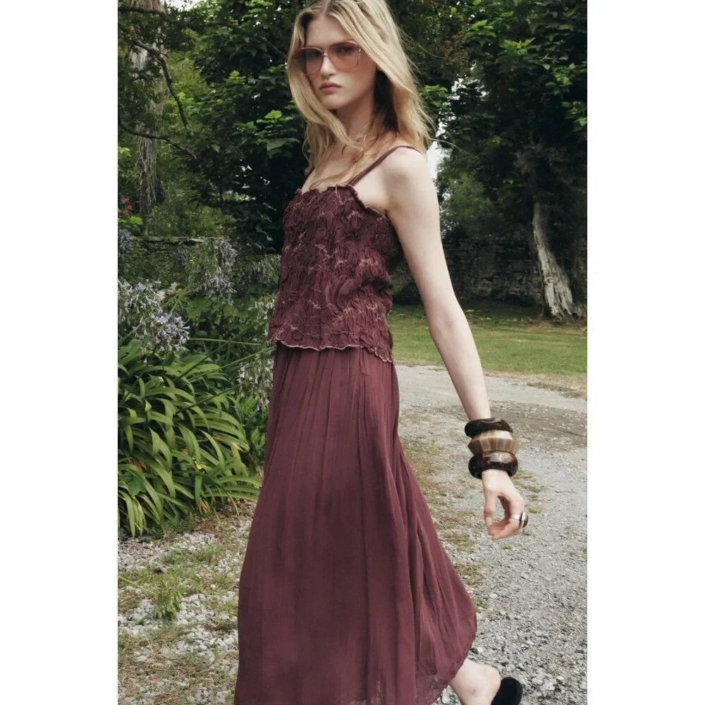 Zara Women Midi Dress Size S Purple Wine Embroidered Sleeveless 6895/014 NWT